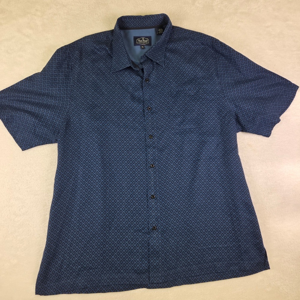 Nat Nast Luxury Originals Mens XL Blue Silk Geometric Diamond Button Down Shirt